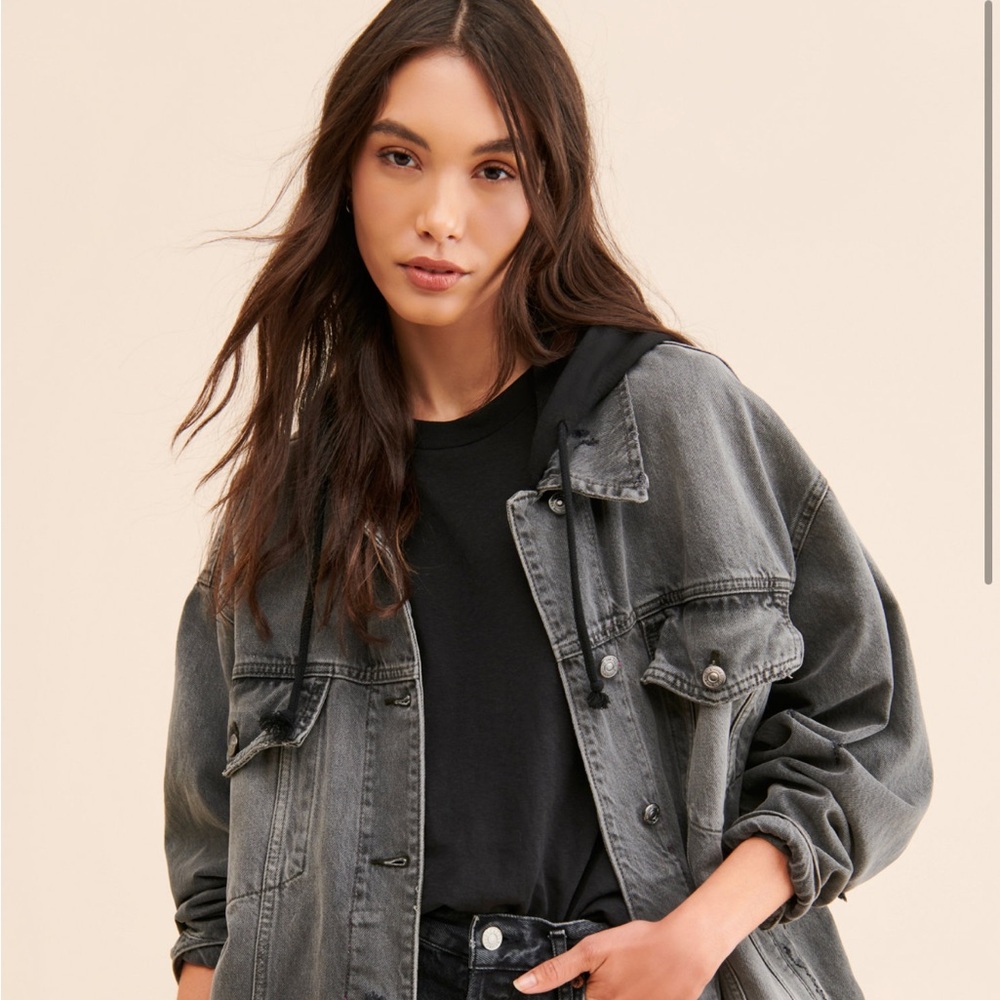 Free People Flawless Oversized Hooded Denim Jacket Black|Small